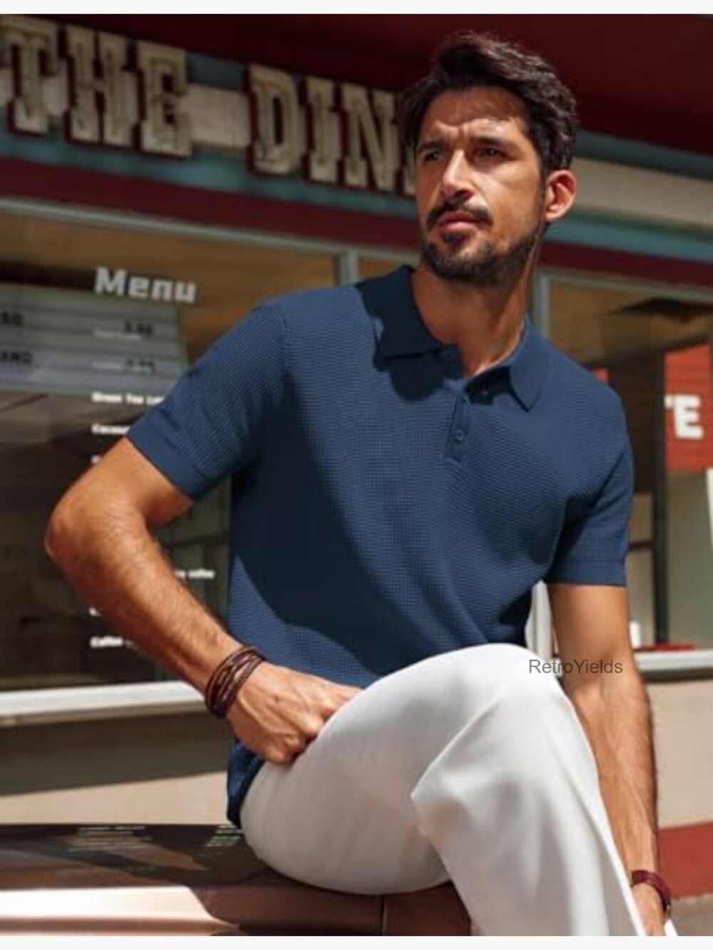 Men's Waffle Texture Short Sleeve Knit Polo Shirt Classic 3-Button - Picture 2 of 7